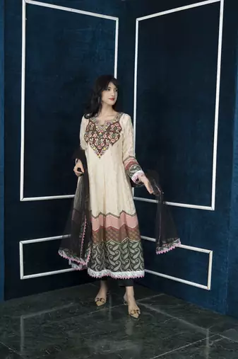 Nikhaar beige embroidered silk stitched trouser kurta & dupatta 