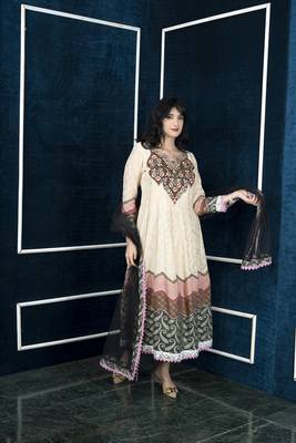 Nikhaar beige embroidered silk stitched trouser kurta & dupatta  4