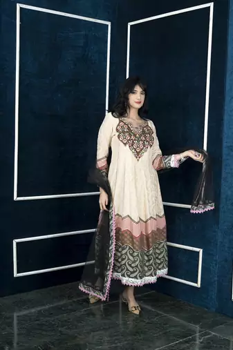Nikhaar beige embroidered silk stitched trouser kurta & dupatta 