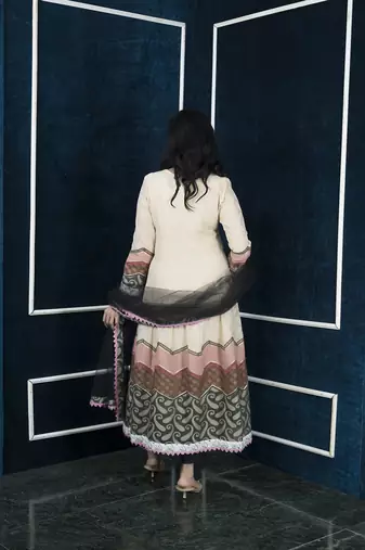 Nikhaar beige embroidered silk stitched trouser kurta & dupatta 