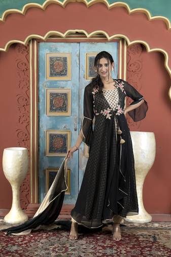 Nikhaar black embroidered georgette stitched trouser kurta & dupatta 