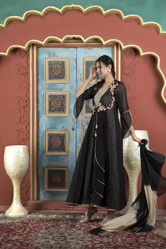 Nikhaar black embroidered georgette stitched trouser kurta & dupatta 