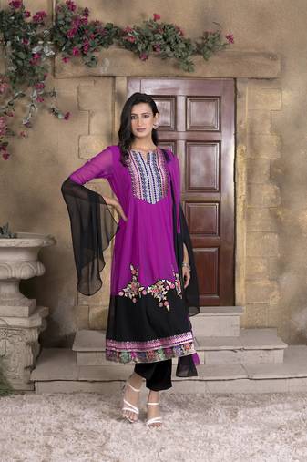 Nikhaar magenta embroidered georgette stitched trouser kurta & dupatta 