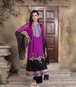 Nikhaar magenta embroidered georgette stitched trouser kurta & dupatta 