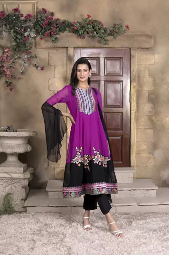 Nikhaar magenta embroidered georgette stitched trouser kurta & dupatta 