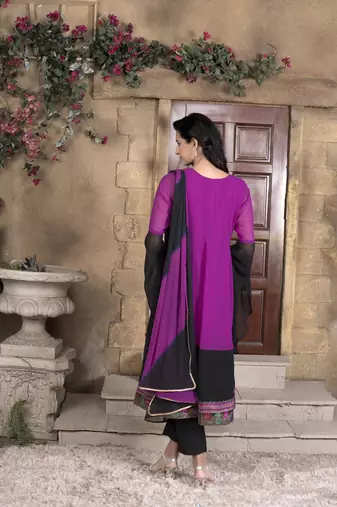 Nikhaar magenta embroidered georgette stitched trouser kurta & dupatta 