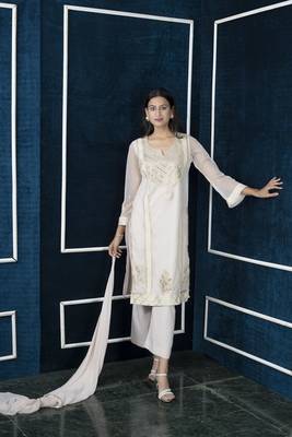 Nikhaar beige embroidered net stitched palazzo kurta & dupatta  1
