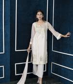 Nikhaar beige embroidered net stitched palazzo kurta & dupatta 