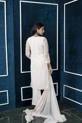 Nikhaar beige embroidered net stitched palazzo kurta & dupatta  5