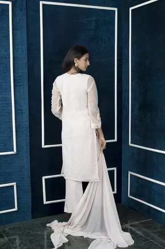 Nikhaar beige embroidered net stitched palazzo kurta & dupatta 