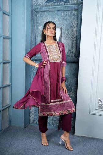 Nikhaar maroon embroidered silk stitched trouser kurta & dupatta 