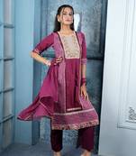 Nikhaar maroon embroidered silk stitched trouser kurta & dupatta 
