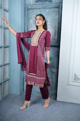 Nikhaar maroon embroidered silk stitched trouser kurta & dupatta  3