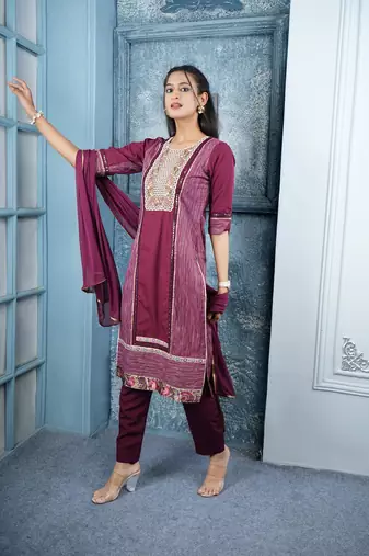 Nikhaar maroon embroidered silk stitched trouser kurta & dupatta 