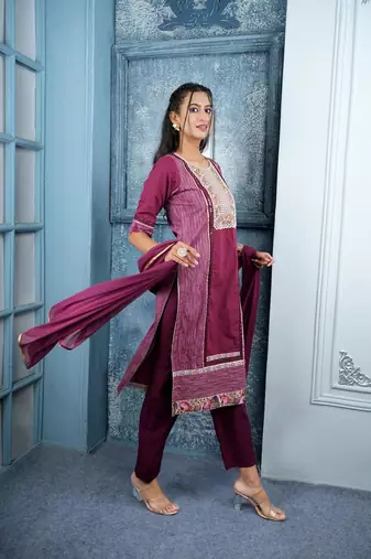 Nikhaar maroon embroidered silk stitched trouser kurta & dupatta 