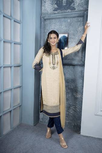 Nikhaar beige embroidered silk stitched trouser kurta & dupatta 