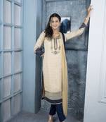 Nikhaar beige embroidered silk stitched trouser kurta & dupatta 