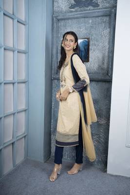 Nikhaar beige embroidered silk stitched trouser kurta & dupatta  3