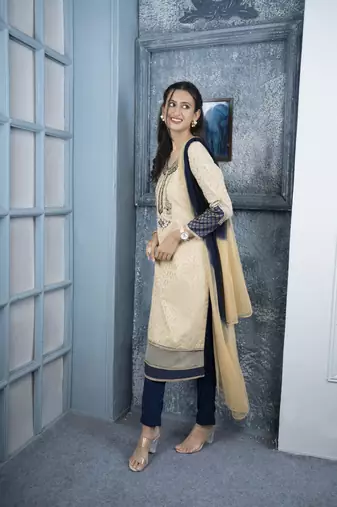 Nikhaar beige embroidered silk stitched trouser kurta & dupatta 