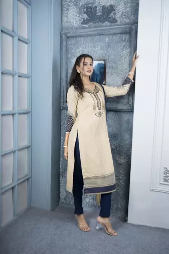 Nikhaar beige embroidered silk stitched trouser kurta & dupatta 