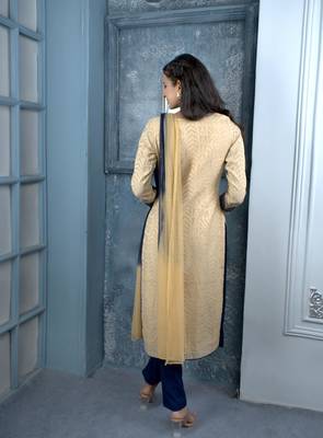Nikhaar beige embroidered silk stitched trouser kurta & dupatta  5