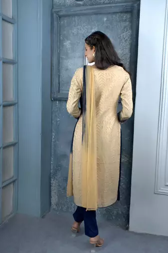 Nikhaar beige embroidered silk stitched trouser kurta & dupatta 