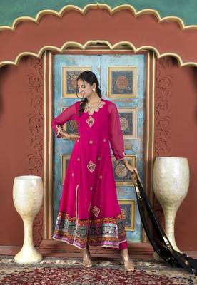 Nikhaar pink embroidered georgette stitched palazzo kurta & dupatta  1