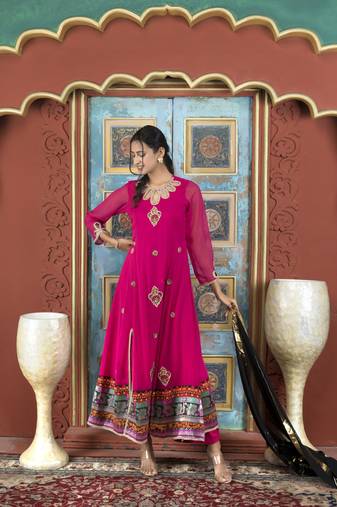 Nikhaar pink embroidered georgette stitched palazzo kurta & dupatta 
