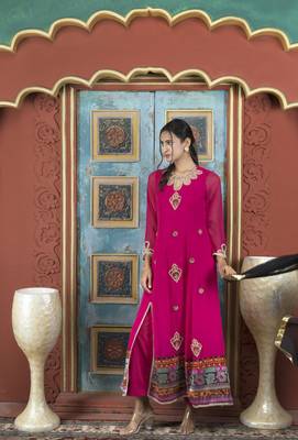 Nikhaar pink embroidered georgette stitched palazzo kurta & dupatta  3
