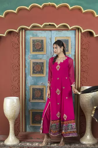 Nikhaar pink embroidered georgette stitched palazzo kurta & dupatta 