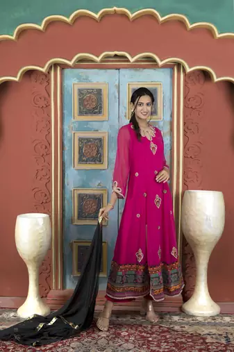 Nikhaar pink embroidered georgette stitched palazzo kurta & dupatta 