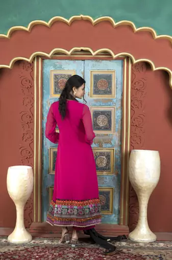 Nikhaar pink embroidered georgette stitched palazzo kurta & dupatta 