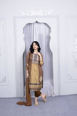 Nikhaar brown embroidered silk stitched trouser kurta & dupatta  1