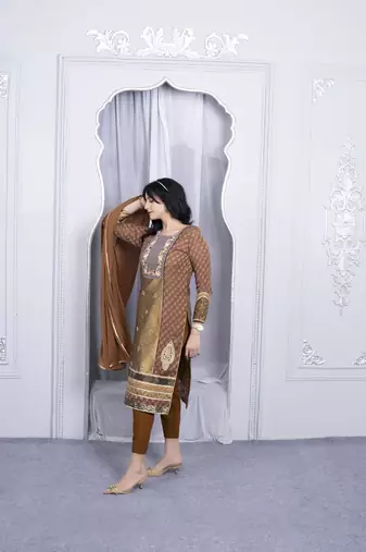 Nikhaar brown embroidered silk stitched trouser kurta & dupatta 