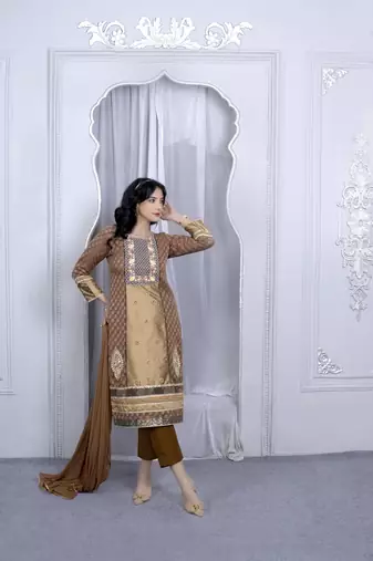 Nikhaar brown embroidered silk stitched trouser kurta & dupatta 