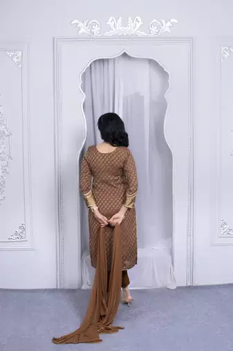 Nikhaar brown embroidered silk stitched trouser kurta & dupatta 