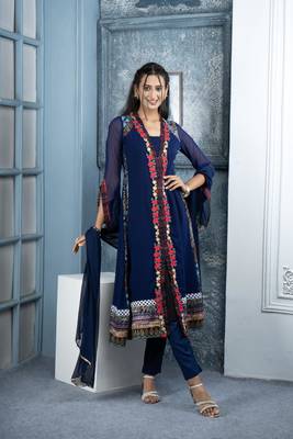 Nikhaar blue embroidered georgette stitched trouser kurta & dupatta  1
