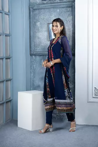 Nikhaar blue embroidered georgette stitched trouser kurta & dupatta 