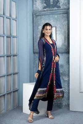 Nikhaar blue embroidered georgette stitched trouser kurta & dupatta  4