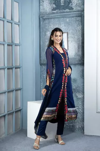 Nikhaar blue embroidered georgette stitched trouser kurta & dupatta 