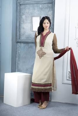 Nikhaar beige embroidered georgette stitched palazzo kurta & dupatta  1