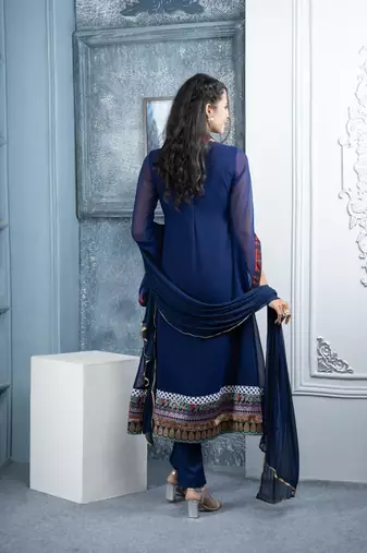 Nikhaar blue embroidered georgette stitched trouser kurta & dupatta 