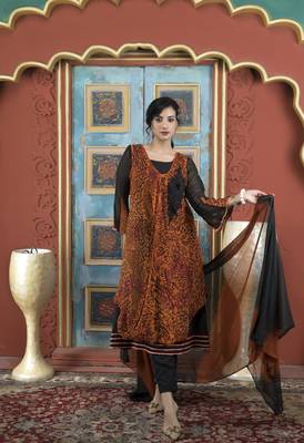 Nikhaar orange embroidered georgette stitched trouser kurta & dupatta  1