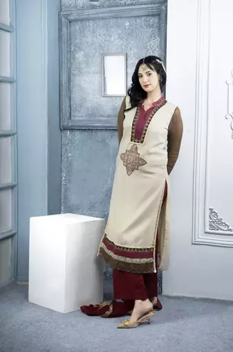 Nikhaar beige embroidered georgette stitched palazzo kurta & dupatta 