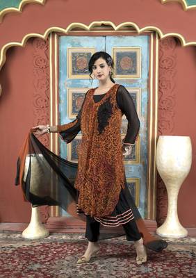 Nikhaar orange embroidered georgette stitched trouser kurta & dupatta  3