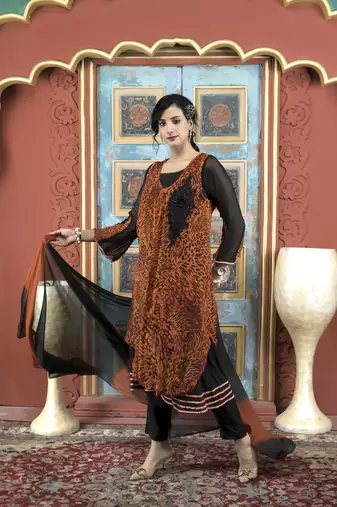 Nikhaar orange embroidered georgette stitched trouser kurta & dupatta 