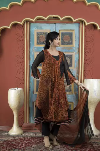 Nikhaar orange embroidered georgette stitched trouser kurta & dupatta 