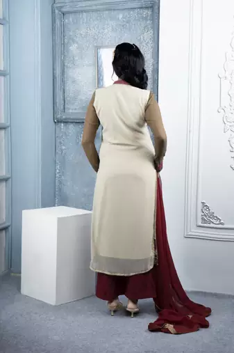 Nikhaar beige embroidered georgette stitched palazzo kurta & dupatta 