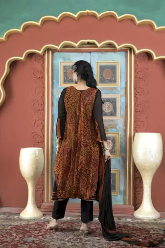 Nikhaar orange embroidered georgette stitched trouser kurta & dupatta 