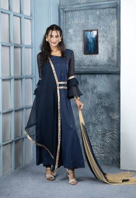 Nikhaar navy-blue embroidered georgette stitched trouser kurta & dupatta  1